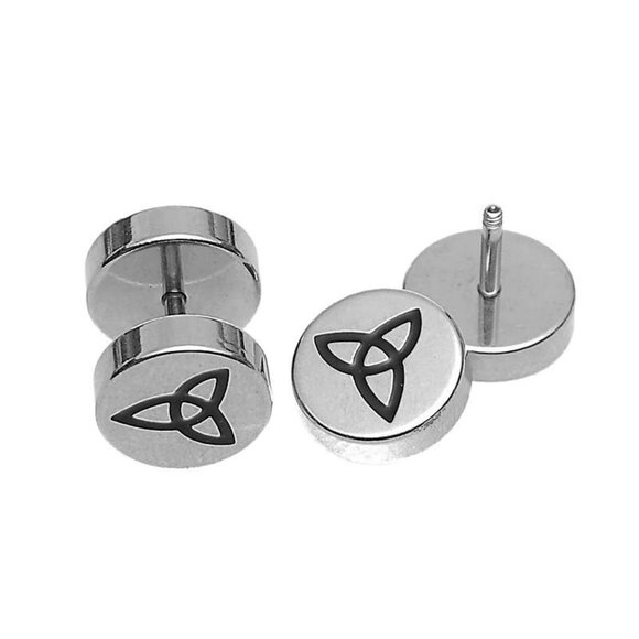 New Stainless Steel Celtic Triquetra Fake Cheater Stud Earrings  Unisex Illusion - Picture 1 of 2